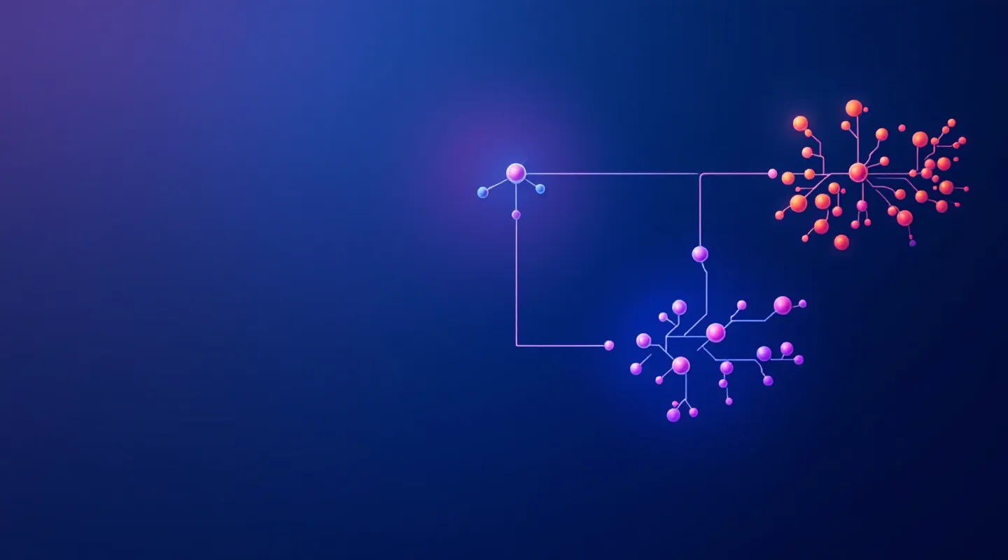 Abstract drill-down tree fanning from one cobalt parent node into cyan, amber, and pink child tiers on deep slate-indigo